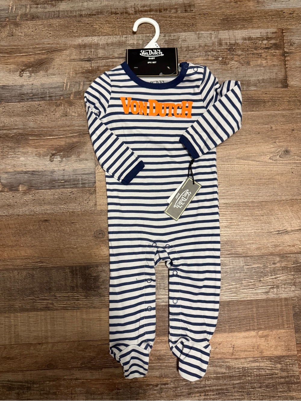 Von Dutch Navy & White Striped Footed One Piece with Matching Bucket Hat NWT 9 M